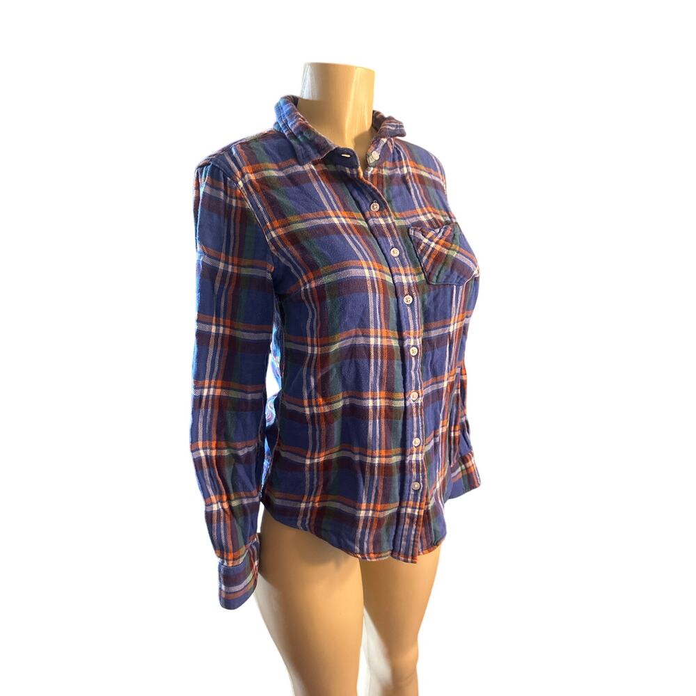 Women S Marine Layer Button-Down Blue Brown Blouse Shirt Top Plaid Flannel
